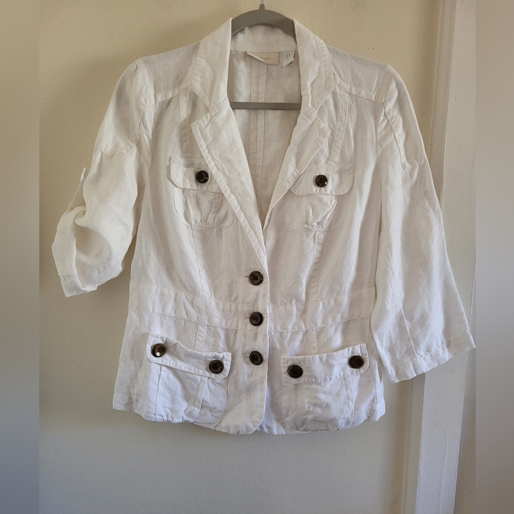Chicos White 100% Linen Preppy Nautical Cargo Roll Tab Crop Chore Jacket Small
